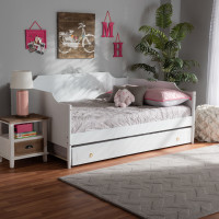 Baxton Studio MG0016-1-White-Daybed-FT Baxton Studio Alya Classic Traditional Farmhouse White Finished Wood Full Size Daybed with Roll-Out Trundle Bed